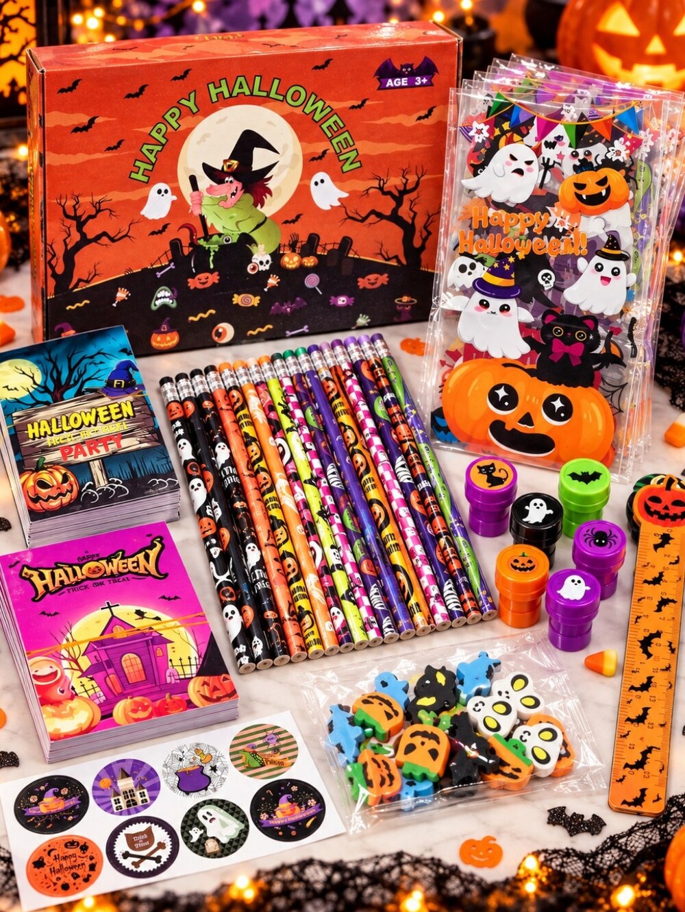 Halloween Party Favor Kit 24 Kids Treat Bag Fillers Pencils Stamps Erasers NEW